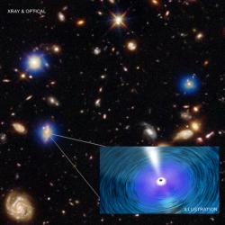 Galaxie a supermasivní černá díra. Kredit: X-ray: NASA/CXC/Penn. State/G. Yang et al & NASA/CXC/ICE/M. Mezcua et al.; Optical: NASA/STScI; Illustration: NASA/CXC/A. Jubett.