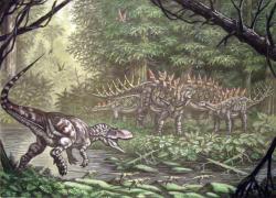 Ekologická scenérie zachycující útočícího metriakantosaurida (nejspíše rodu Eustreptospondylus) a skupinu stegosaurů rodu Lexovisaurus. Jedná se o výjev z ekosystému souvrství Oxford Clay, do kterého bychom mohli dosadit i metriakantosaura. Kredit: ABelov2014; Wikipedia (CC BY-SA 3.0)