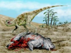 Starobylý teropodní dinosaurus Staurikosaurus pricei se svojí kořistí v podobě uloveného dicynodonta. Tito dinosauři žili zhruba před 233 miliony let a patří tak k nejstarším známým „pravým“ dinosaurům vůbec. Kredit: Nobu Tamura, Wikipedie (CC BY 3.0)