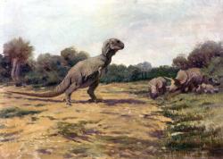 Půvabná, i když silně zastaralá rekonstrukce tyranosaura na obraze amerického výtvarníka Charlese R. Knighta z roku 1919. Teropod s disproporčním umístěním očí, vertikalizovaným tělem a tříprstými předními končetinami se zde chystá zaútočit na svého úhlavního nepřítele – obřího ceratopsida rodu Triceratops. Podobné scény byly nesčetněkrát zobrazeny také v pozdějších obrazových i filmových rekonstrukcích. Kredit: Charles R. Knight; Wikipedie (volné dílo)