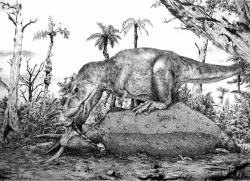 Jak vypadaly ekosystémy obývané proslulým druhem Tyrannosaurus rex (na ilustraci nahoře začíná hodovat na mrtvém těle triceratopse) je poměrně dobře známé. V případě druhu Tyrannosaurus mcraeensis ještě zbývá mnohé objevit a vysvětlit. Kredit: Vladimír Rimbala, pro autorovu knihu Legenda jménem Tyrannosaurus rex (2017).
