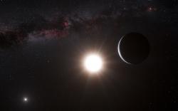 Tak vypadá možný pohled na planetu u Alfa Kentaura, náznaky jejíž existence byly objeveny na základě dat ze spektrometru HARPS (zdroj ESO/L. Calcada/N Risinger (skysurvey.org))
