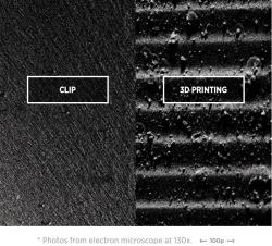 Porovnání strukturální homogenity výrobku získaného technikou CLIP a tiskárnou pracující klasickou technikou nanášením vrstvy za vrstvou, z pohledu elektronovým mikroskopem.  (Kredit:  Carbon3D )