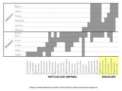 Přehledná tabulka s výčtem skupin suchozemských čtvernožců na přelomu triasu a jury před 201 miliony let. Jasnými „evolučními vítězi“ jsou zde nepochybně dinosauři (část žlutě označeného bloku), kteří pokračují dál, zatímco většina jejich přímých ekologických konkurentů na hranici obou period vymírá. Kredit: Merikanto, Wikipedie (CC BY-SA 3.0)