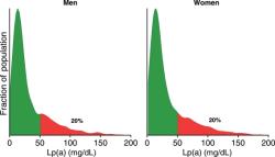 Typický výskyt hladín lipoproteínu (a) v populácii – muži/ženy.  Kredit: Børge G. Nordestgaard, et al., EHJ 2010, CC BY-NC 2.5