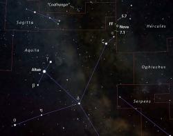 Nova Herculis 2021 krátce zazářila 12. 6. 2021 v souhvězdí Herkules poblíž hranice se souhvězdím Orla  Kredit: podklad Stellarium, úprava skyandtelescope.org/Bob King  https://skyandtelescope.org/author/robert-king-2/