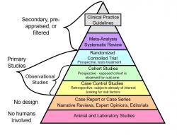 Hodnovernosť informácii z odbornej literatúry: pre priamu aplikáciu na pacientov sú pozorovania na zvieratách (najnižšia úroveň) nepoužiteľné. Pri nedostatku iných informácii sa dá oprieť napríklad o jednotlivé skúsenosti; rovnaká hodnota je pripisovaná názorom rešpektovaných odborníkov - tieto často bývajú podkladom aj pre mnohé dôležité odporúčania (napr. ak by boli pokusy na pacientoch neetické alebo nemožné). Najvyššiu informačnú hodnotu z primárnych podkladov majú randomizované kontrolované štúdie, nad nimi stoja len metaanalýzy (štatisticky spracované údaje z viacerých štúdii) a na špičke sú smernice pre klinickú prax, ktoré z nich vychádzajú a sú konsenzom viacerých spolupracujúcich odborníkov. Kredit: CFCF, CC BY-SA 4.0