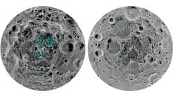 Místa s ledem na jižním (vlevo) a severním (vpravo) pólu Měsíce. Kredit: NASA.