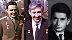 Posádka Voschodu 1. Zleva: Komarov, Feoktistov a Jegorov. (Kredit: Montage. Wikipedia, CC BY-SA 3.0)