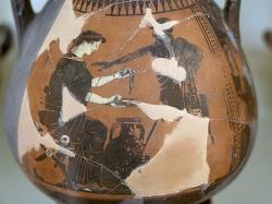 Prodej oleje. Černofigurová malba na peliké, malíř Eucharidés, 520 až 500 před n. l. Archeologické muzeum na Mykonu. Kredit: Zde, Wikimedia Commons. Licence CC 3.0.