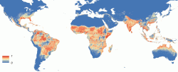 Výskyt komára Aedes aegypti přenášejícího virus zika. Modré jsou oblasti, kde se nevyskytuje, červené s vysokým výskytem. Kredit Moritz UG Kraemer a kol. http://elifesciences.org/content/4/e08347