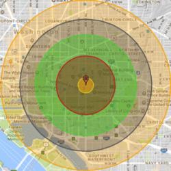 Zásah Washingtonu D. C. jadernou zbraní o síle 20 kilotun. Kredit: Nukemap.