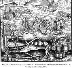 Lov velryb v představách umělce L.P. 1574. Kredit: Projekt Guttenberg, volné dílo.