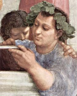 Detail Epikúra z Rafaelovy fresky Athénská škola ve Vatikánu, Sala della Segnatura, 1509-1510. Kredit: The Yorck Project, Wikimedia Commons. Public domain.