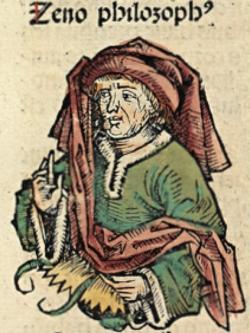 Zénón z Kitia, vyobrazený v Norimberské kronice z roku 1493, p. f 73r. Kredit: Hartmann Schedel, Wikimedia Commons. Public domain.