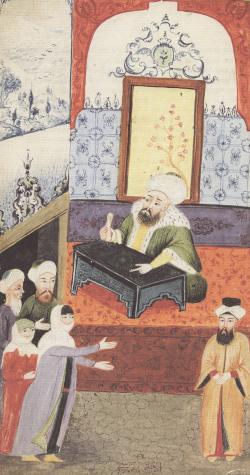 Nešťastná žena si stěžuje u soudce (qadi) na manželovu neschopnost. Osmanská miniatura. Kredit: Sema Nilgün Erdoǧan, Sexual life in Ottoman society, volné dílo.