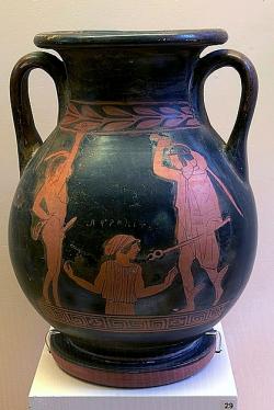 Pan, Afrodíté a Hermés, červenofigurová malba na peliké, 450 až 420 před n. l. Archeologické muzeum na Rhodu, 12454. Kredit: Jebulon, Wikimedia Commons. Licence CC 1.0.