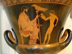 Ganymédés nalévá Diovi úlitbu. Červenofigurový kratér, 490-480 před n. l. Metropolitan Museum of Art (New York), L.1999.10.14. Kredit: David Liam Moran, Wikimedia Commons. Licence CC 3.0.