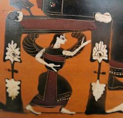 Jiný detail: Okřídlená bohyně pod Diovým trůnem je možná Métis. Černofigurová amfora, 550–525 před n. l. Louvre, F 32. Kredit: Bibi Saint-Pol, Wikimedia. Public domain. Commons