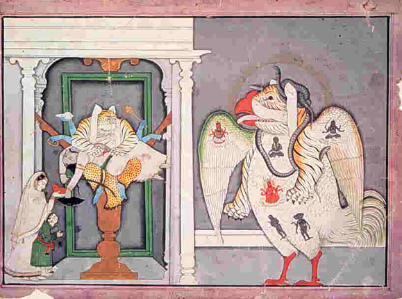 Hinduistické božstvo Šarabha (vpravo), vykazuje množství ptačích tělesných znaků. Podle Adrienne Mayorové je pravděpodobné, že tato zobrazení byla ovlivněna náhodnými předvědeckými objevy fosilií pozdně křídových dinosaurů. Jedním z nich mohl být i a