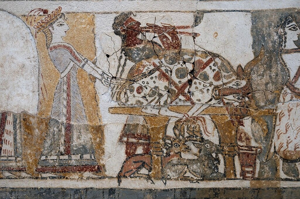 Žehnající dáma, obětovaná zvířata a hráč na dvojitou flétnu. Kredit: Zde, Wikimedia Commons. Licence CC 4.0.