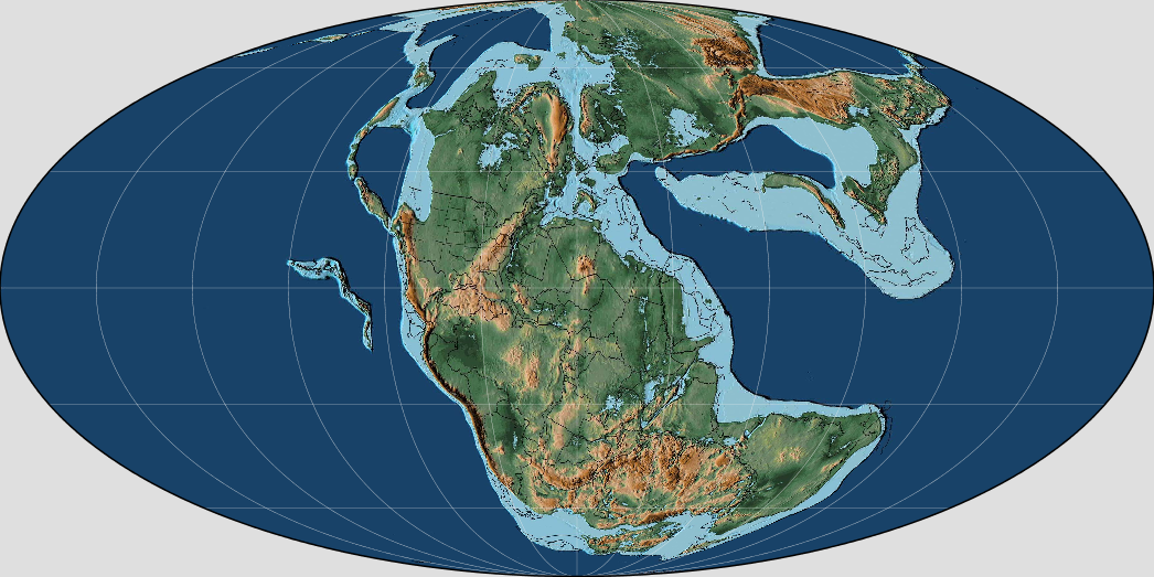 Rozložení kontinentů v období pozdního triasu, asi před 220 miliony let. Všechny pevniny byly tehdy spojené do obřího superkontinentu Pangea, který se později v juře rozpadl. K masivním sopečným erupcím, které Karnskou pluviální epizodu způsobily, do
