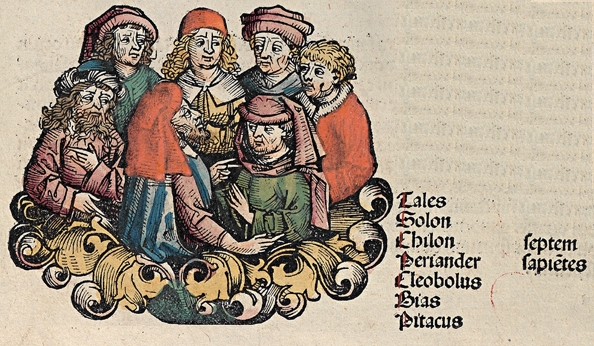 Sedm mudrců, ilustrace v Norimberské kronice z roku 1493. Kredit: Schedel, Wikimedia Commons. Public domain.