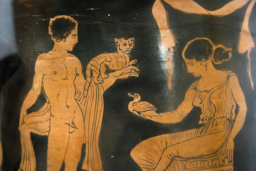 Dvoření kocoura a kachničky, 410-400 př. n. l. Archeologické muzeum v Agrigentu. Kredit: Painter of Bologna via Zde, Wikimedia Commons.