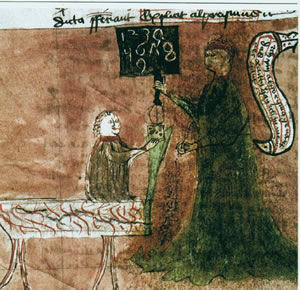 Učitel vysvětluje žákovi „arabské“ číslice, Sacroboscův Algorismos, rukopis z roku 1400. Kredit: Phrood~commonswiki, Wikimedia Commons.