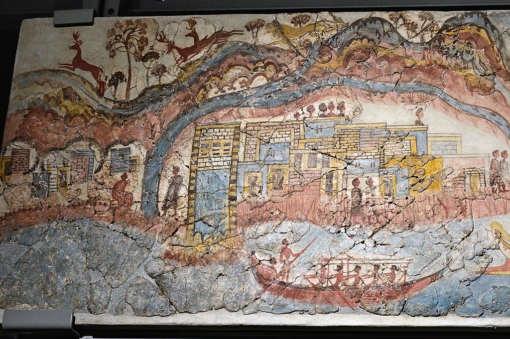 Detail jednoho města, levá krajní část fresky Námořní slavnost. Prehistoric Museum of Thira, Fira, Santorini. Kredit: Zde, Wikimedia Commons. Licence CC 4.0.