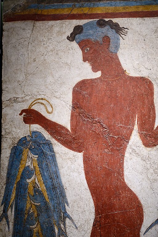 Rybářská freska z Akrotiri na ostrově Théra (Santorini). Detail. Prehistoric Museum of Thira, Fira, Santorini. Kredit: Zde, Wikimedia Commons. Licence CC 4.0.
