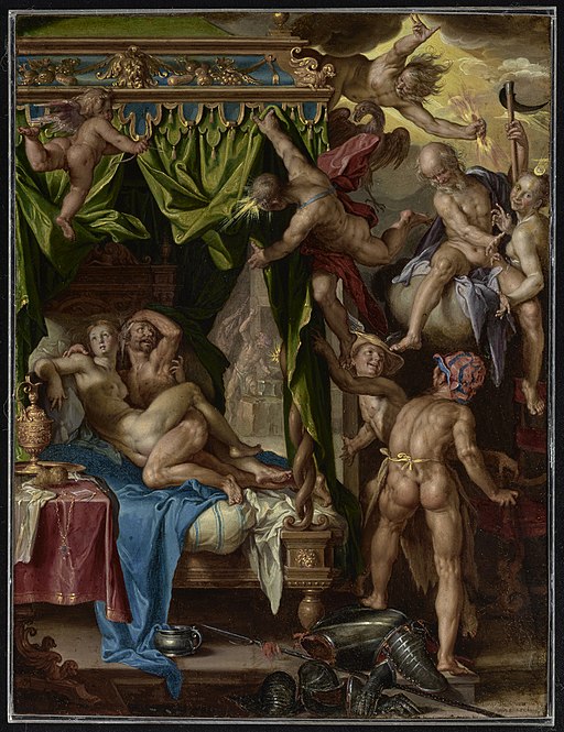 Joachim Wtewael: Mars a Venuše překvapení bohy. Drobná olejomalba (203 x 155 mm) z let 1604 až 1608. J. Paul Getty Museum (Los Angeles), Accession number 83.PC.274. Kredit: Getty's Open Content Program, Wikimedia Commons. Public domain.