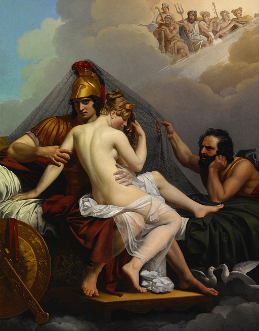 Héfaistos zkoumá úlovek v síti. Shůry přihlížejí ostatní bohové. Alexandre-Charles Guillemot, olej na plátně, 1827. Indianapolis Museum of Art, artwork ID 5622, (P4674). Kredit: NgFVL6Vteg3K6Q at Google Cultural Institute, Wikimedia Commons. Public d