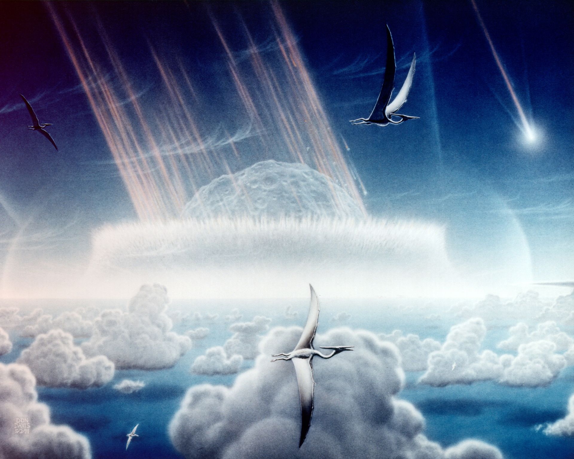 Dnes již slavné zpodobnění srážky planetky se Zemí na konci křídy, vytvořené výtvarníkem Donaldem E. Davisem v roce 1994. Působivou atmosféru této ilustrace kazí pouze ptakoještěři v popředí, patřící k vývojové linii příbuzné pteranodonům. Nedávné ob