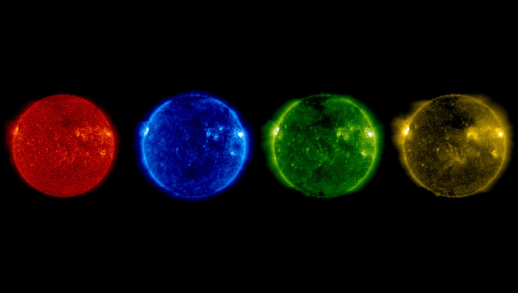Pohled na Slunce v několika vlnových délkách ultrafialového záření o letním slunovratu 2017. Zdroj: https://www.esa.int/
