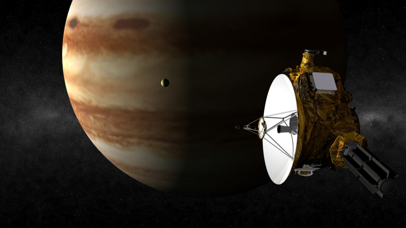 Sonda New Horizons vyuĹľila k cestÄ› k Plutu gravitaÄŤnĂ­ manĂ©vr u Jupitera (zdroj NASA).