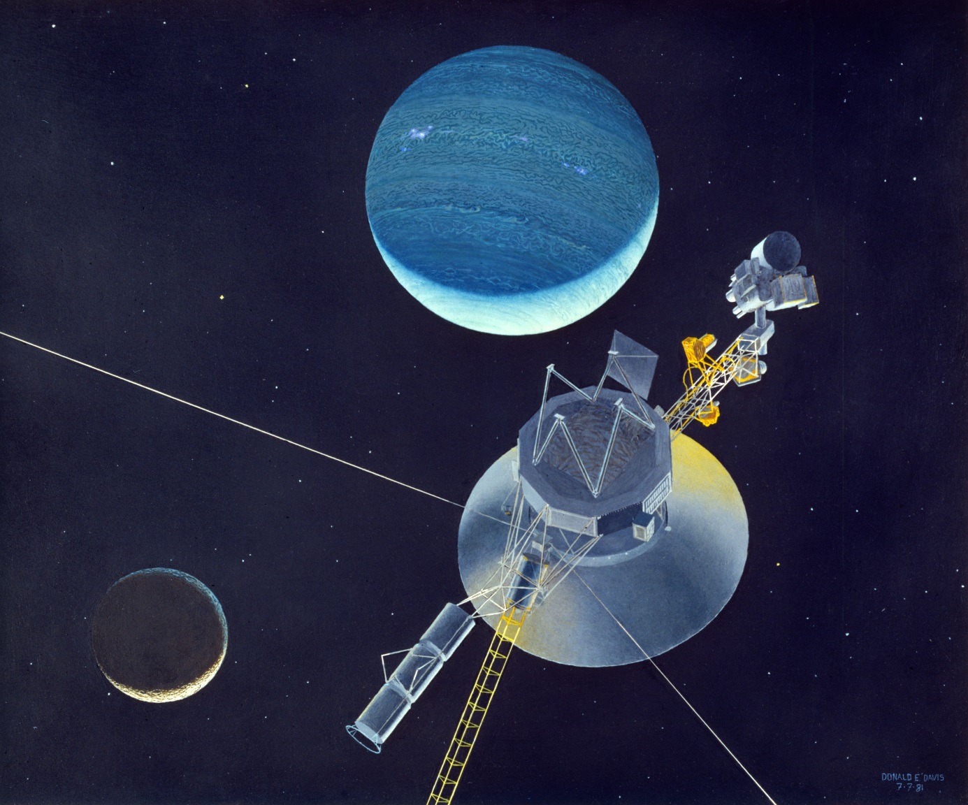 Sonda Voyager 2 dĂ­ky gravitaÄŤnĂ­m manĂ©vrĹŻm proletÄ›la kolem vĹˇech velkĂ˝ch planet a dostala se aĹľ k Neptunu. NynĂ­ je v ÄŤele pelotonu pÄ›ti pozemskĂ˝ch sond k okraji SluneÄŤnĂ­ soustavy (zdroj NASA).