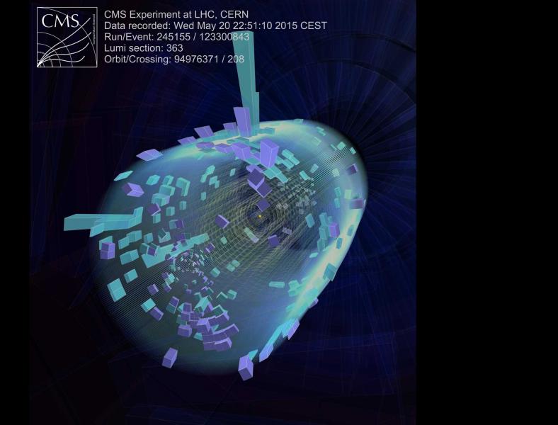 SrĂˇĹľka pĹ™i energii 13 TeV zaznamenanĂˇ experimentem CMS (zdroj CERN)