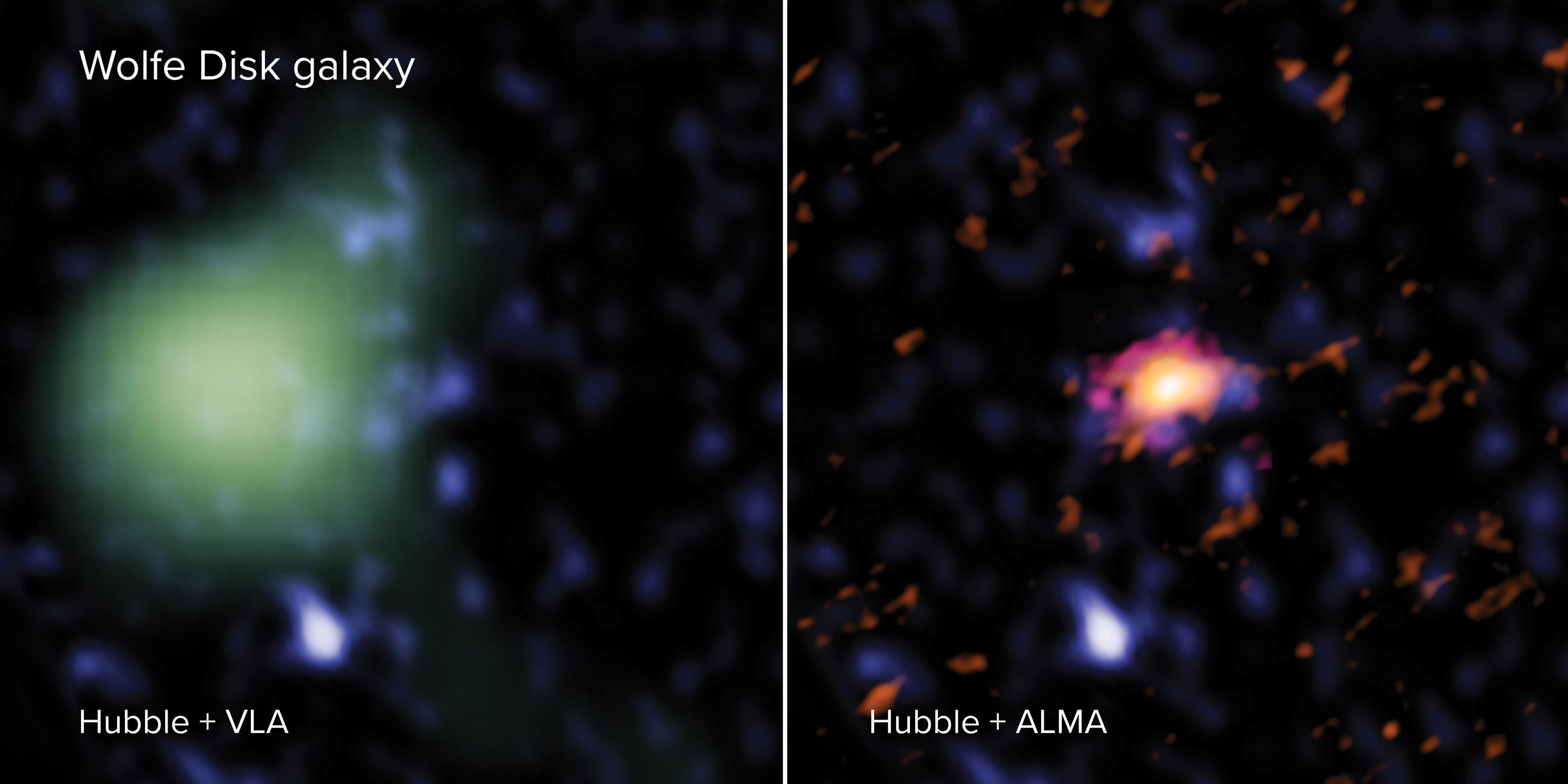 Galaxie Wolfe Disk na složených snímcích soustav ALMA (červeně), VLA (zeleně) a Hubbleova teleskopu (modře). Kredit: ALMA (ESO/NAOJ/NRAO), M. Neeleman; NRAO/AUI/NSF, S. Dagnello; NASA/ESA Hubble.