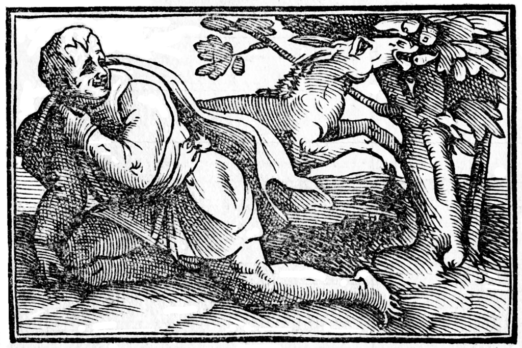 Giuseppe Porta, rytina z roku 1540 zobrazuje poslední okamžiky Chrýsipovy. Prý zemřel smíchem, když sledoval, jak osel žere fíky. Ilustrace k italskému překladu díla Diogena Laertia z roku 1606. Kredit: Pasicles, Wikimedia Commons. Public domain.