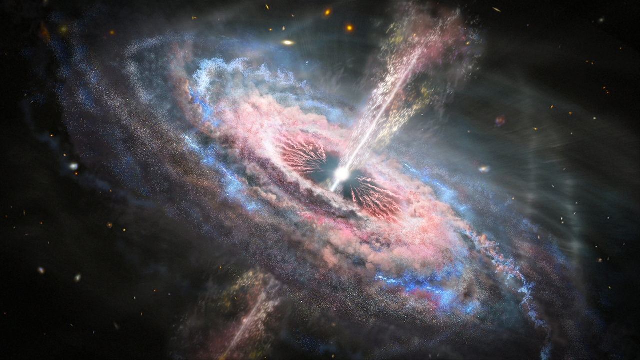Galaxie s rozjetým kvasarem září jako vánoční stromeček. Kredit: NASA, ESA, J. Olmsted (STScl).