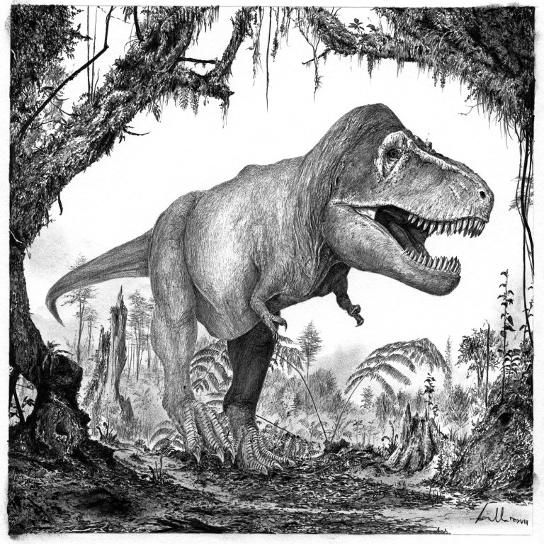 Paleoekologická rekonstrukce dospělého exempláře tyranosaura v jeho přirozeném prostředí. Ačkoliv byl tento obří teropod vrcholovým predátorem svých ekosystémů, nepochybně nebyl imunní vůči různým infekcím a parazitickým onemocněním. Stopy po nich se