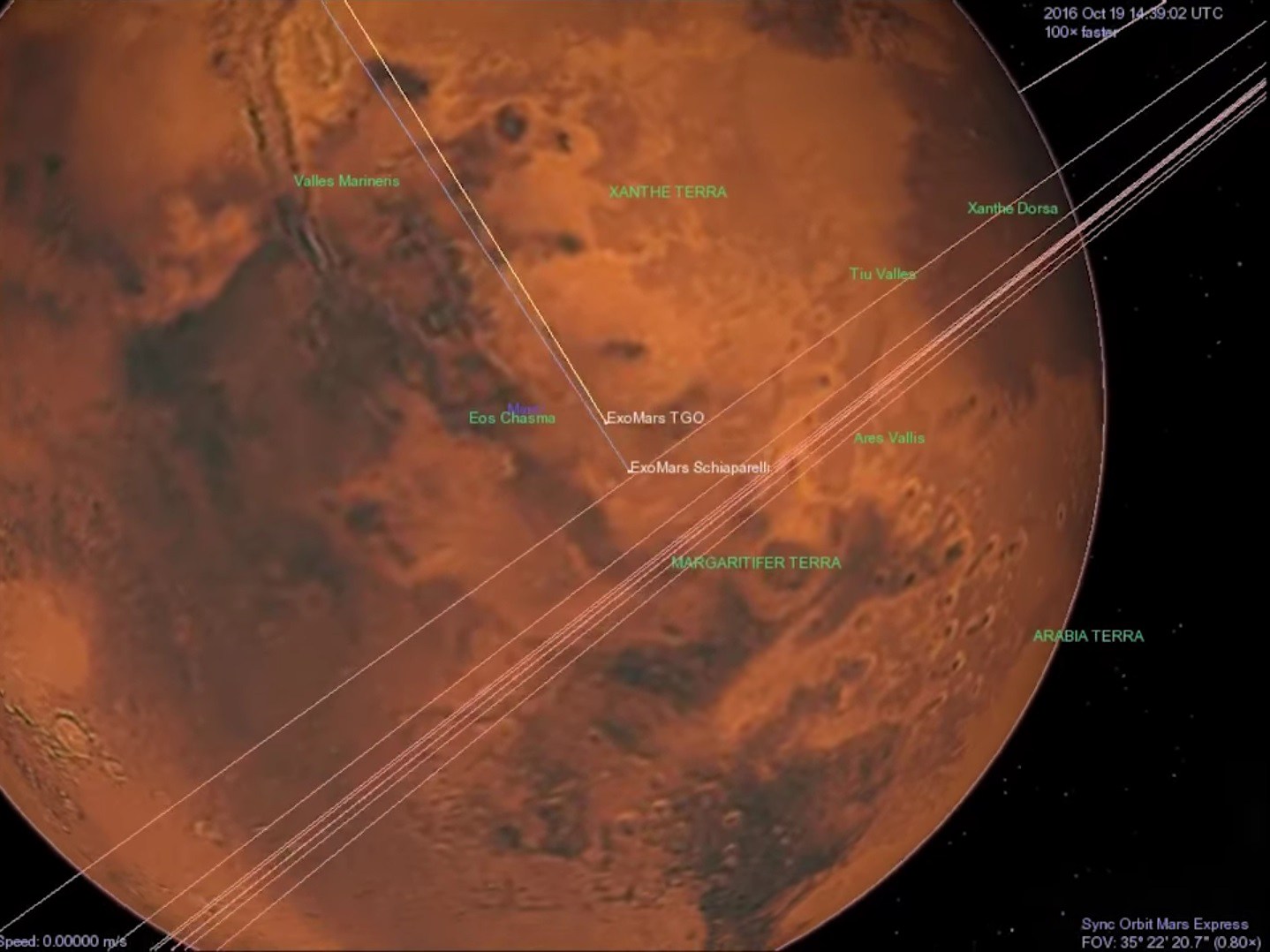 PĹ™Ă­let TGO a EDM pohledem z Mars Express. Zdroj: spaceflight101.com