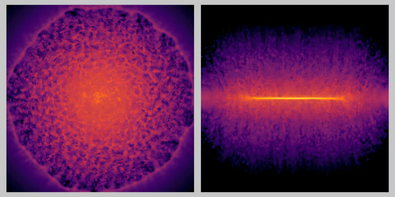Simulovaný galaktický plyn v nové simulaci. Kredit: RIKEN.