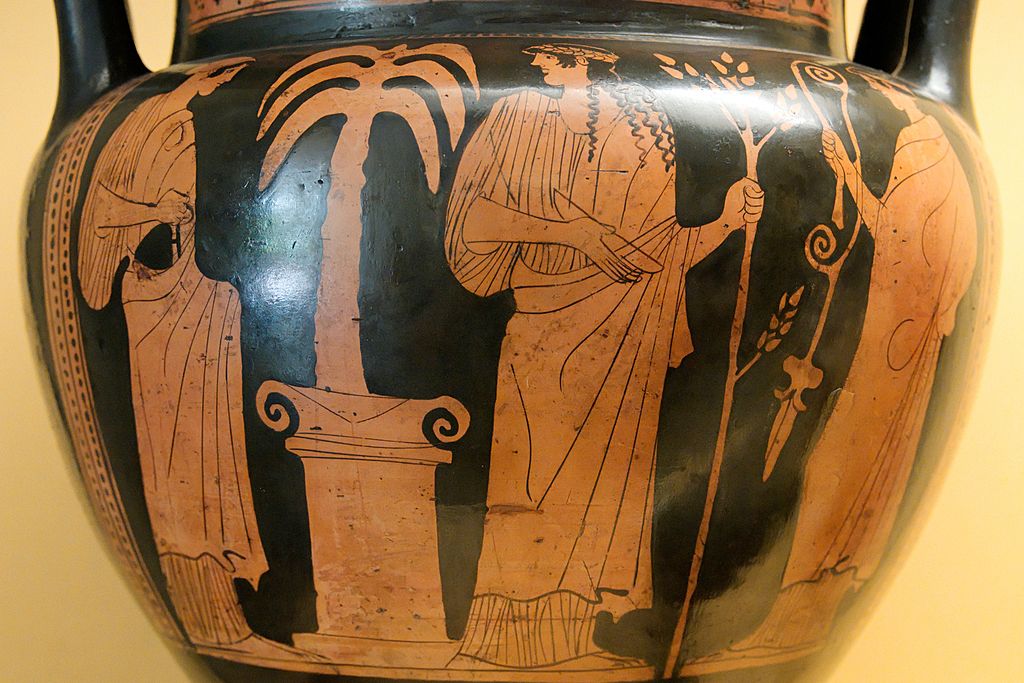 Artemis a Apollón u oltáře s palmou na Délu, 450 před n. l. Kredit: Wikimedia Commons.