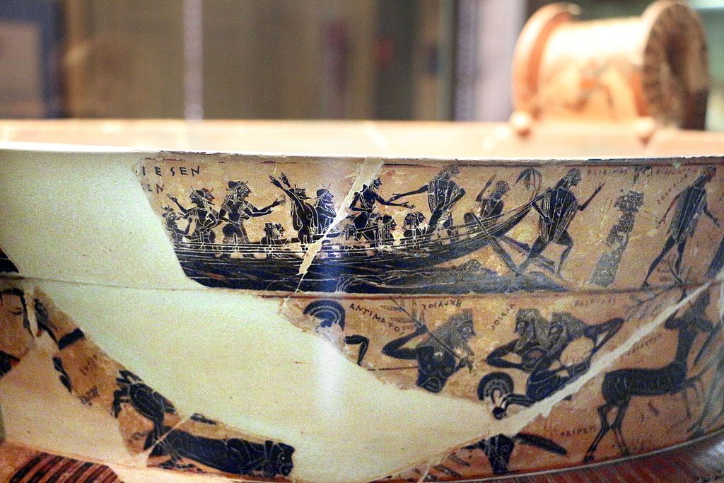 Athéňané posílají lidské oběti na Krétu. Malba na keramice, 570-550 před n. l. Kredit: Wikimedia Commons.