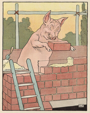 Zatímco my jsme se učili jak prasátko staví zeď, pro naše vnuky by v popisku klidně mohlo být: „Prasátko staví baterii“. Převzato z publikace Three Little Pigs (Knihovna kongresu USA).
