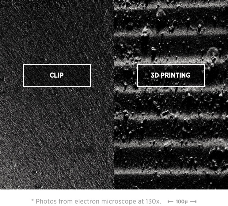 PorovnĂˇnĂ­ strukturĂˇlnĂ­ homogenity vĂ˝robku zĂ­skanĂ©ho technikou CLIP a tiskĂˇrnou pracujĂ­cĂ­ klasickou technikou nanĂˇĹˇenĂ­m vrstvy za vrstvou, z pohledu elektronovĂ˝m mikroskopem.  (Kredit:  Carbon3D )