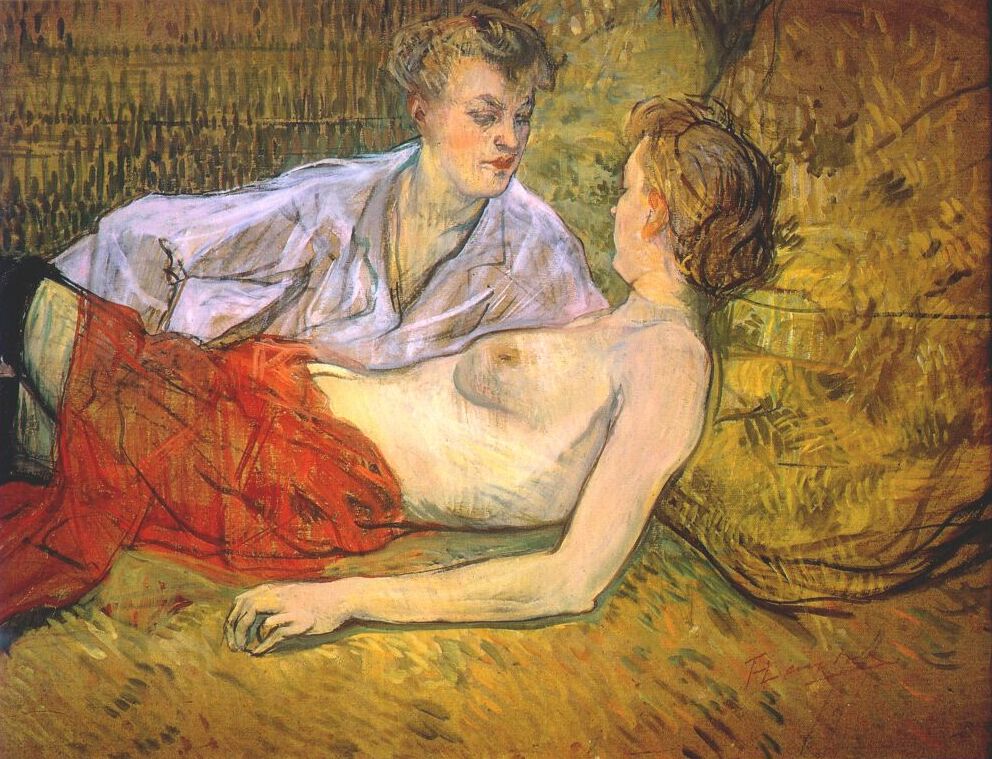 Dvě přítelkyně.  Henri de Toulouse-Lautrec, Les deux amies (vers 1895).