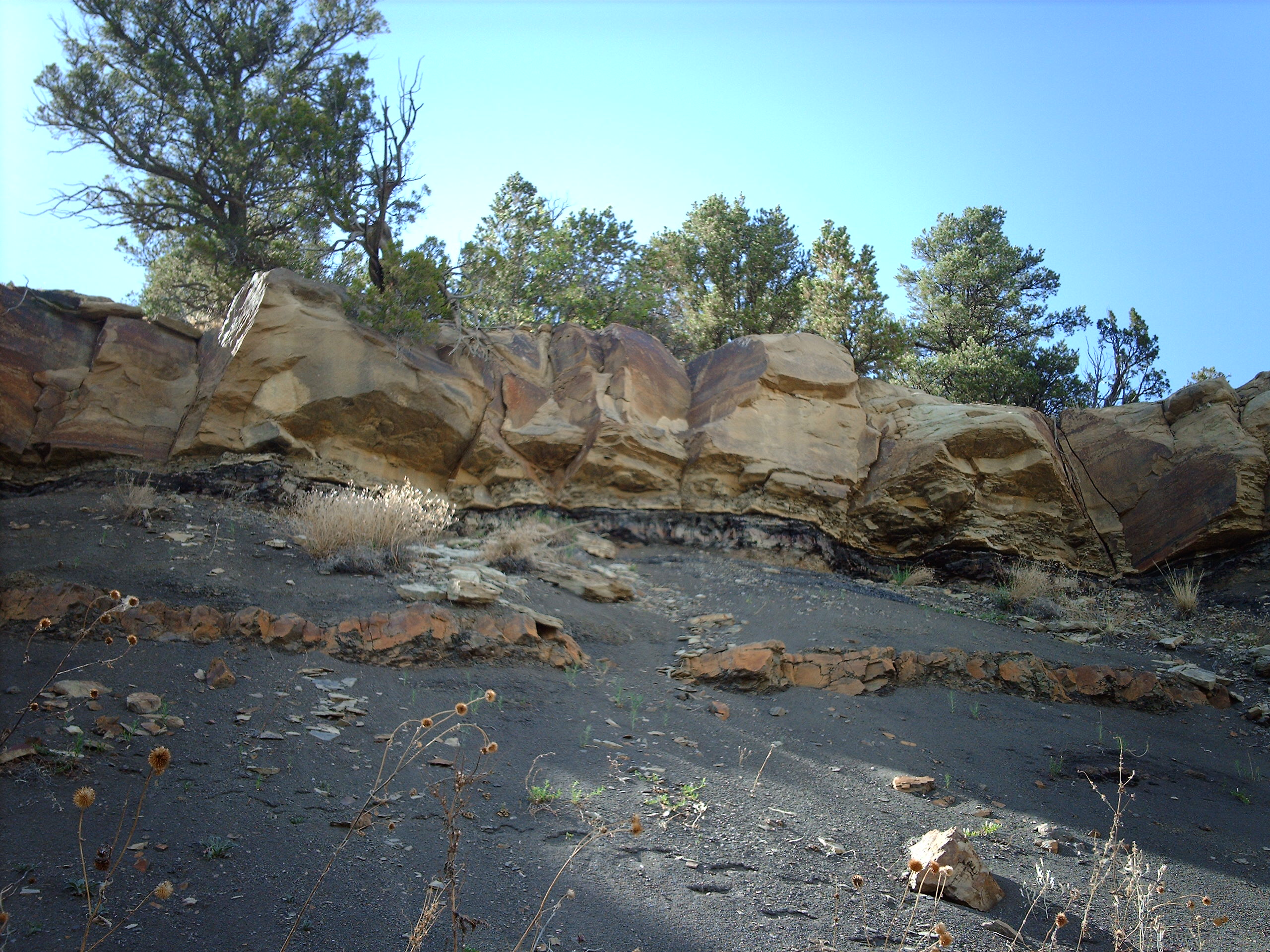 Skalní výchozy se sedimenty uloženými v době události K-Pg před 66,0 miliony let, snímek z oblasti Státního parku Trinidad Lakes na jihu Colorada. Kredit: Nationalparks, Wikipedie (CC BY-SA 2.5)